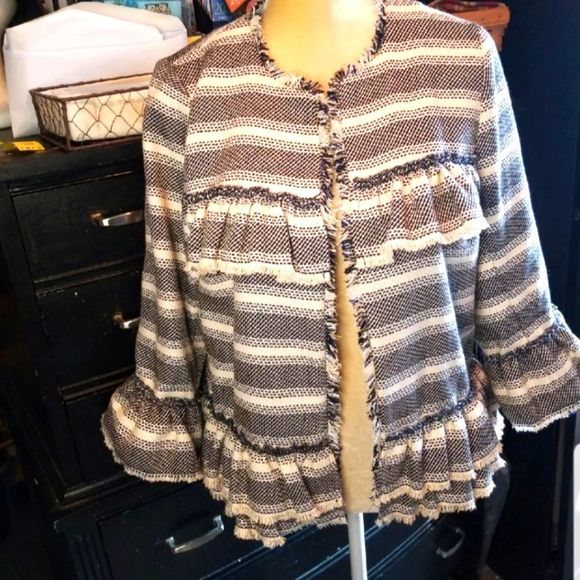 Kie & Kate Couture Woven Ruffled Frill Jacket Sz M, Navy & Cream - Picture 1 of 12